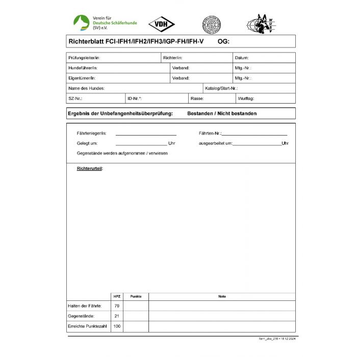 Richterblatt "IFH1/IFH2/IGP-FH/IFH-V"